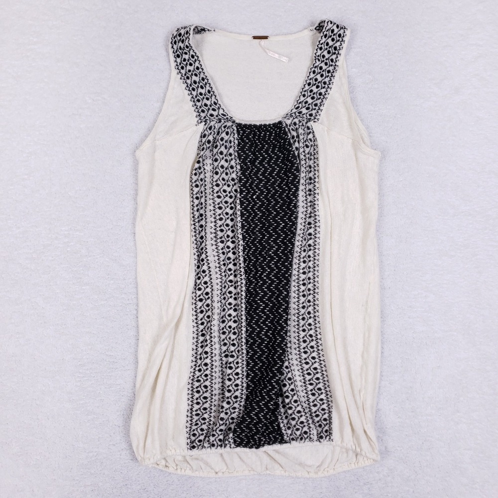 Free People Linen Knit Tunic Tank Top Small Cream Black Boho Festival Style